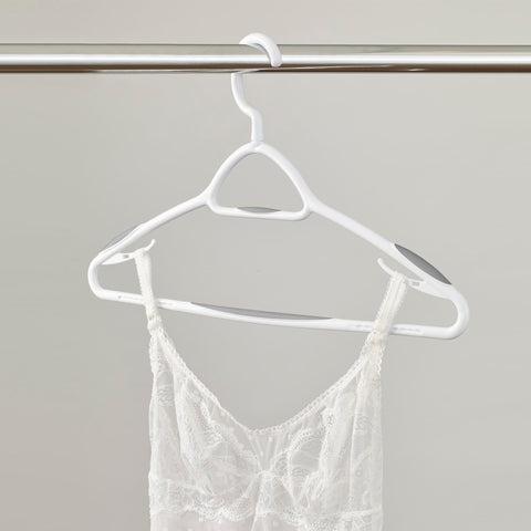 Neatfreak deluxe non-slip hangers feature space-saving hooks for compact storage.