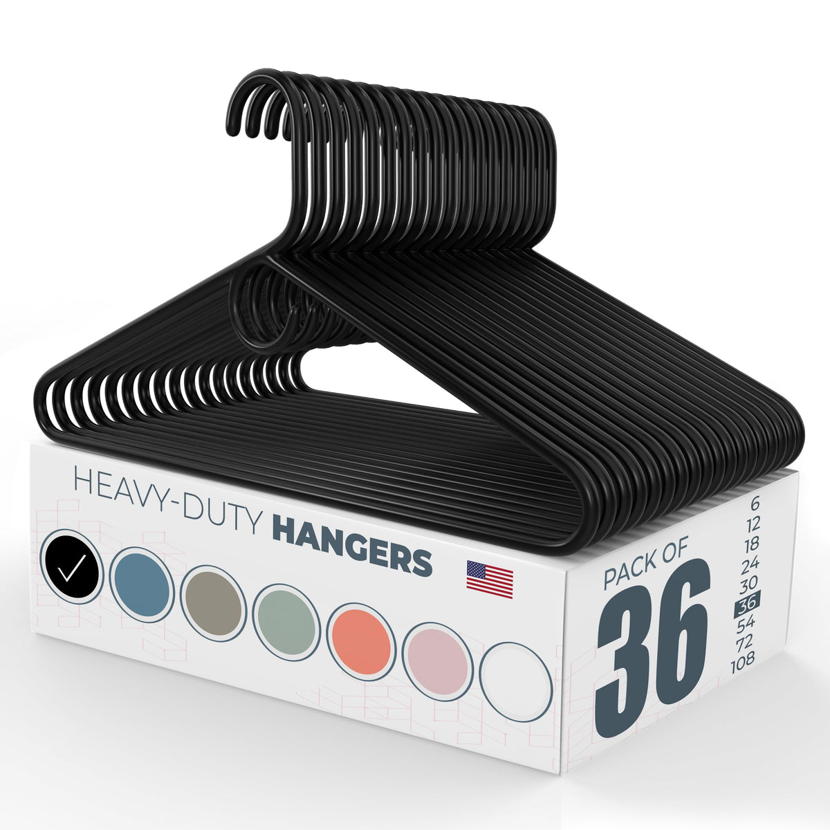 Neaties USA-made heavy-duty hanger pack in black demonstrates durable closet organization.