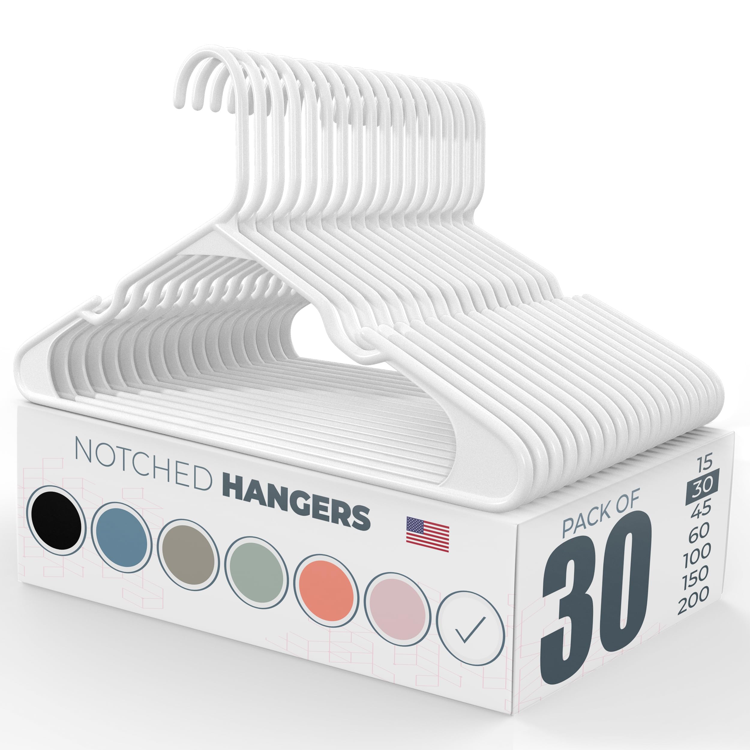 Neaties plastic hanger 30-pack white with space-saving design.