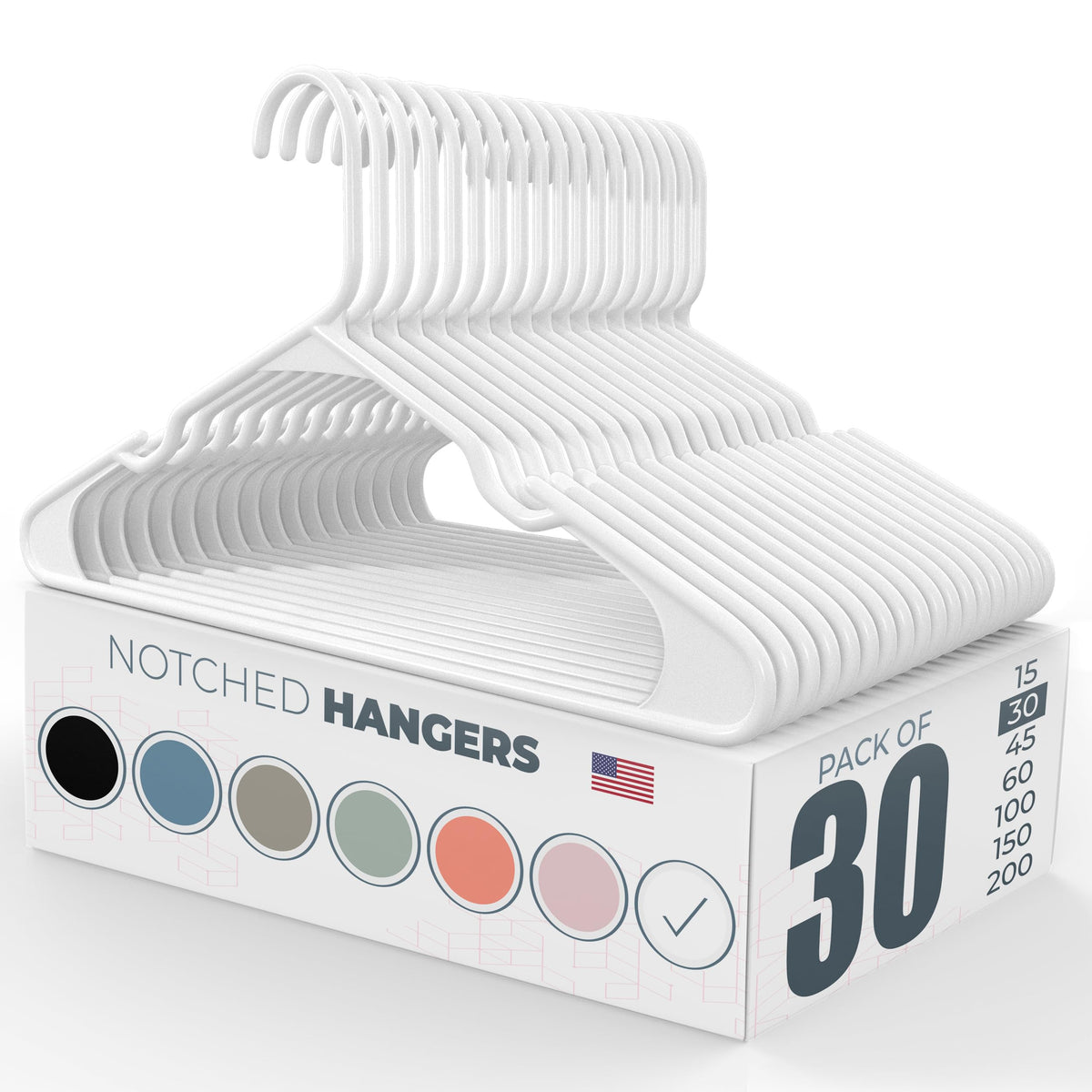 Neaties plastic hanger 30-pack white with space-saving design.