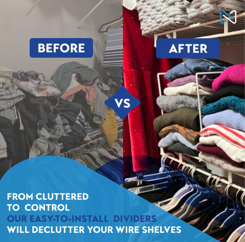 Neatly Made white wire shelf divider stacking function demonstrates extra storage potential