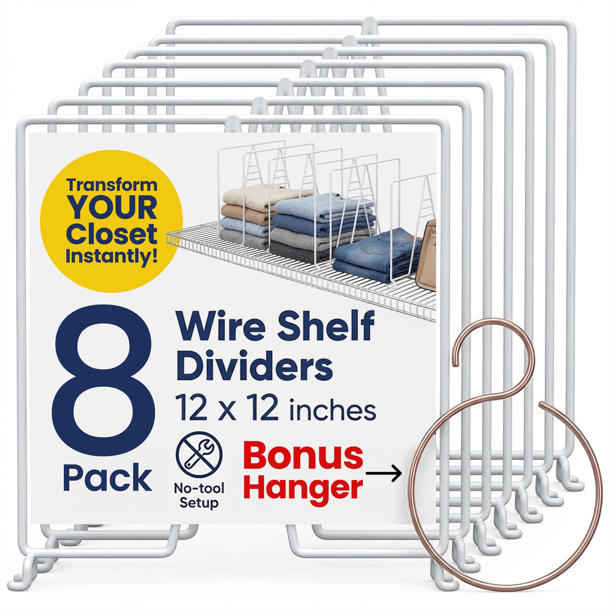 Neatly Made white wire shelf dividers on a closet shelf for organized storage.