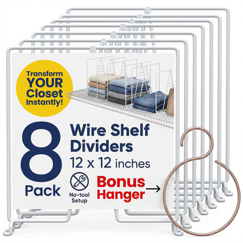 Neatly Made white wire shelf dividers on a closet shelf for organized storage.