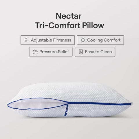 Nectar Tri-Comfort Pillow side zipper shows ComforZip adjustability for soft to firm