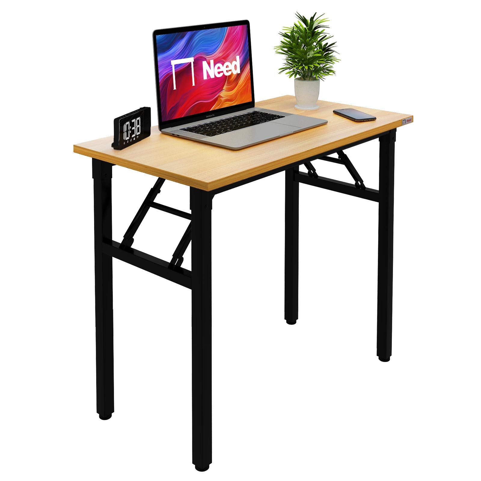Need folding desk in teak and black frame for compact work in small spaces.