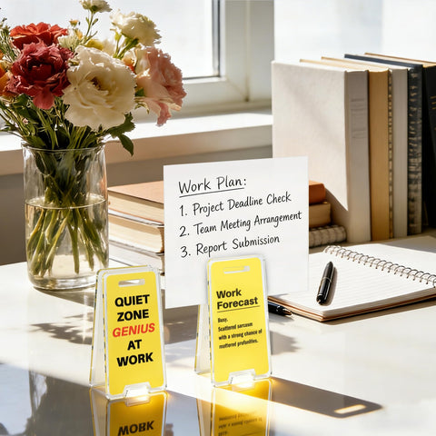 NefosLeuki acrylic desk sign set features clear print and built-in note clips where applicable.