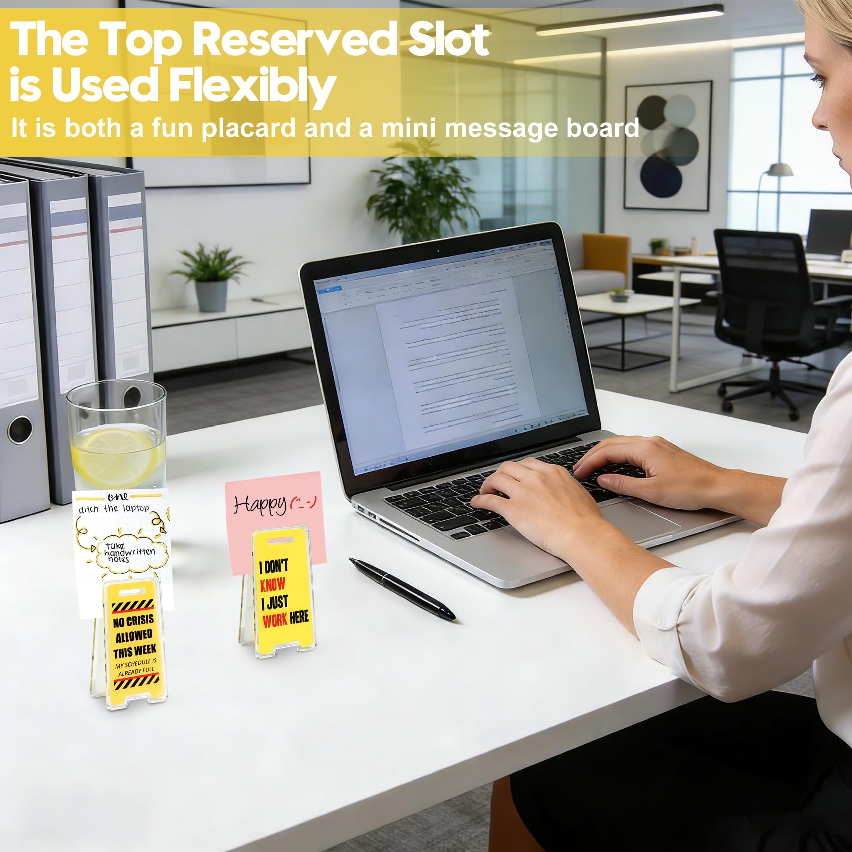 NefosLeuki signs are ready to use—no installation required on any desk.