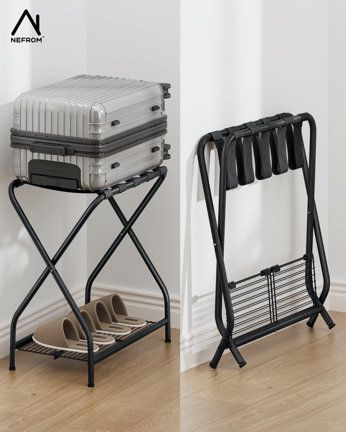 NEFROM foldable luggage rack assembly illustrating quick setup.