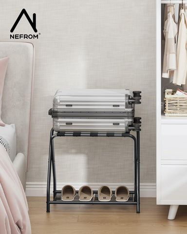 NEFROM luggage rack offers ergonomic height for easy packing.
