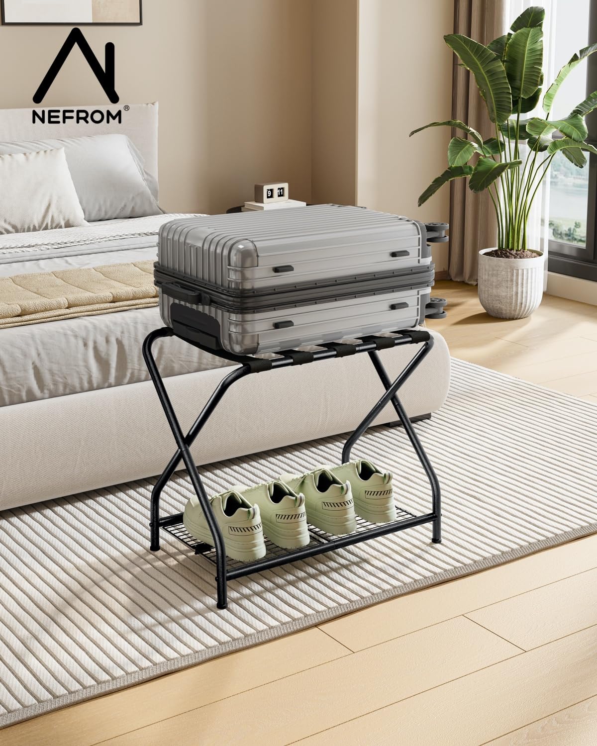 NEFROM luggage rack stand folded for compact storage.