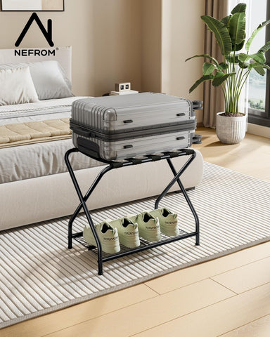 NEFROM luggage rack stand folded for compact storage.