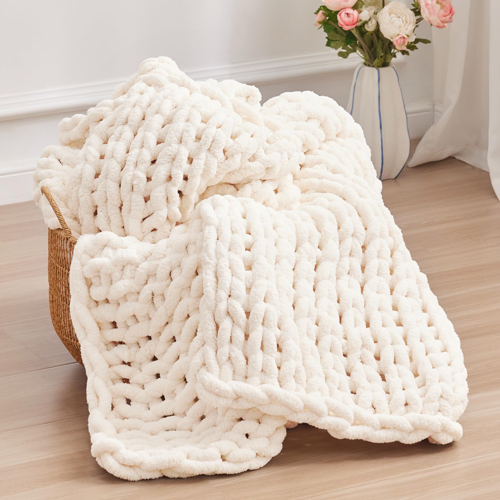 Negwoo chunky knit throw blanket on couch showing cozy warmth and soft texture