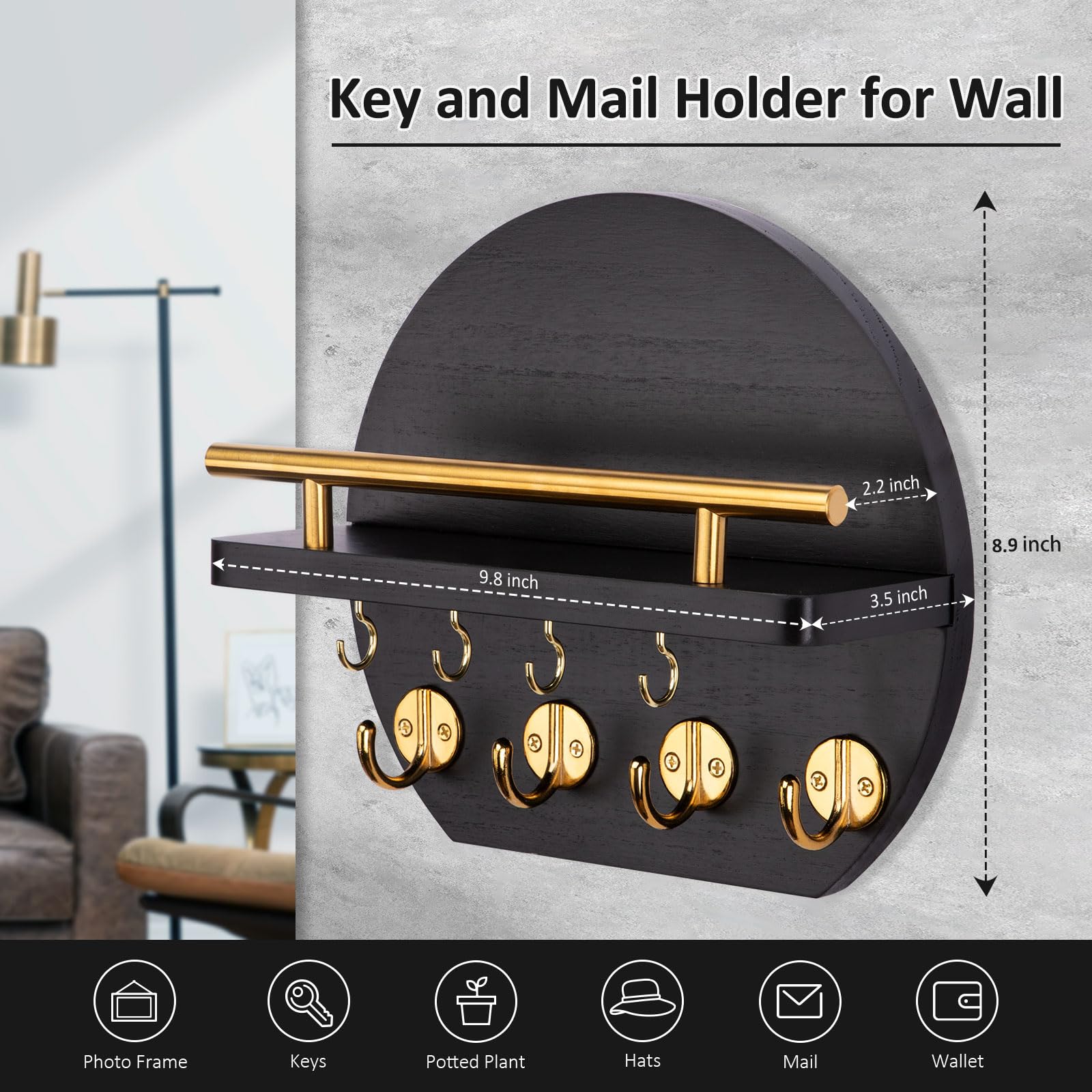 Nekon key holder close-up of black with gold hooks ideal for daily key access.
