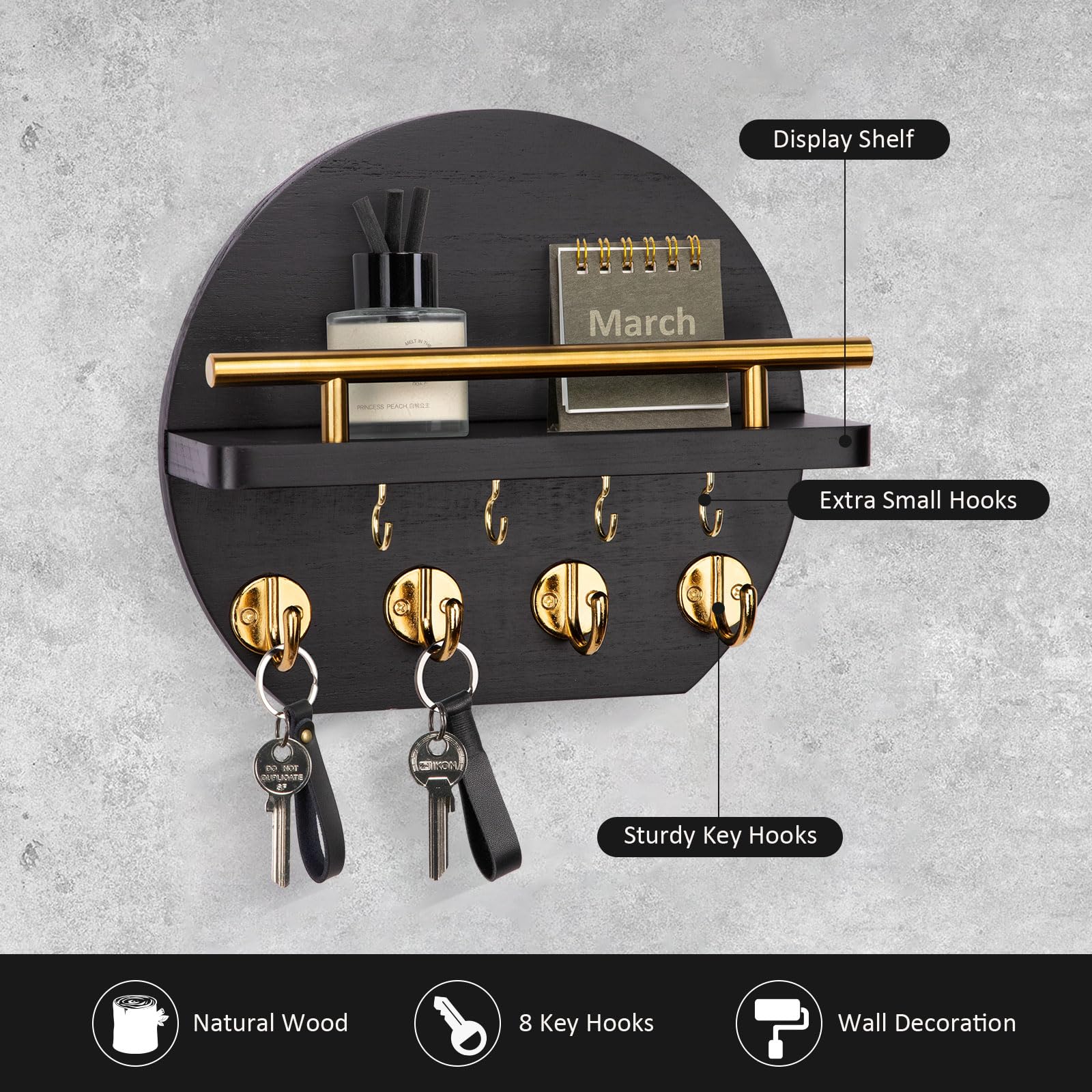 Nekon circular wood key hanger close-up highlights durable material and clean finish.