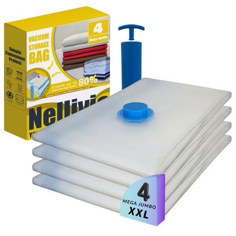 Nellivia 4 Mega Jumbo XXL vacuum bags with pump maximize space savings for bulky items