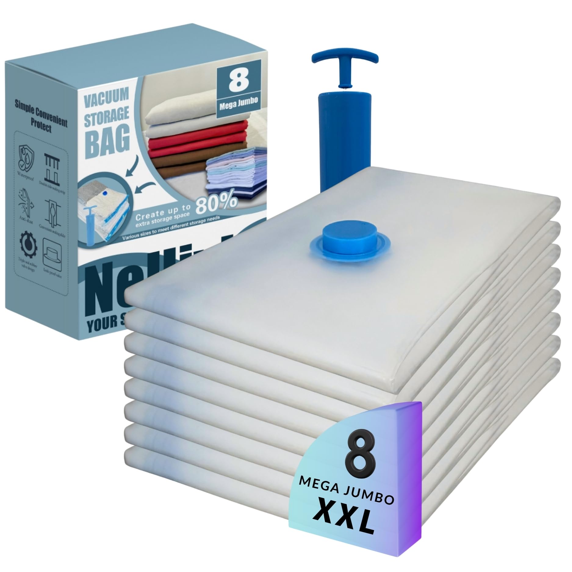 Nellivia 8-mega-jumbo bag with pump for space-saving bulky bedding.