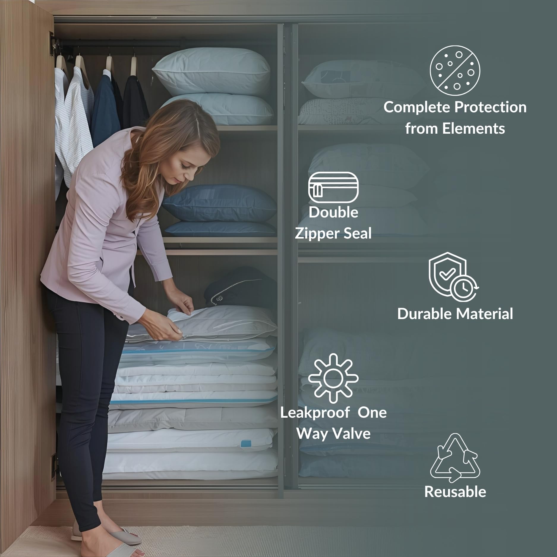 Nellivia pillow storage bag for compact under-bed organization.