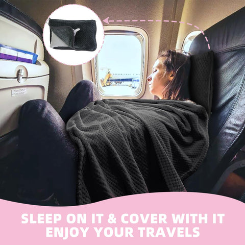Nenolix 3-in-1 travel blanket on airplane for cozy warmth during flights.