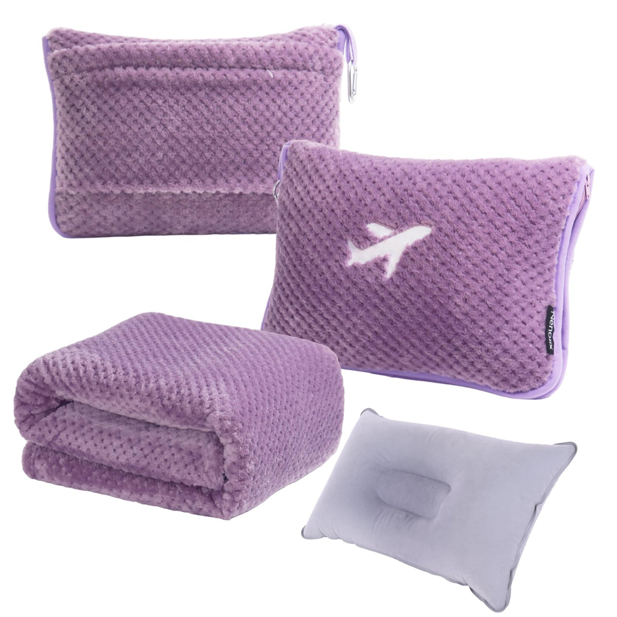 Nenolix 3-in-1 travel blanket and pillow set folded inside the compact pouch.