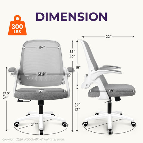 NEO CHAIR contoured backrest supports upright posture during work.