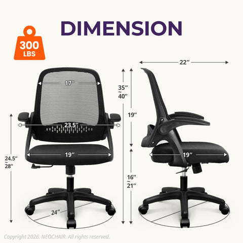 NEO CHAIR contoured lumbar support encourages upright posture.