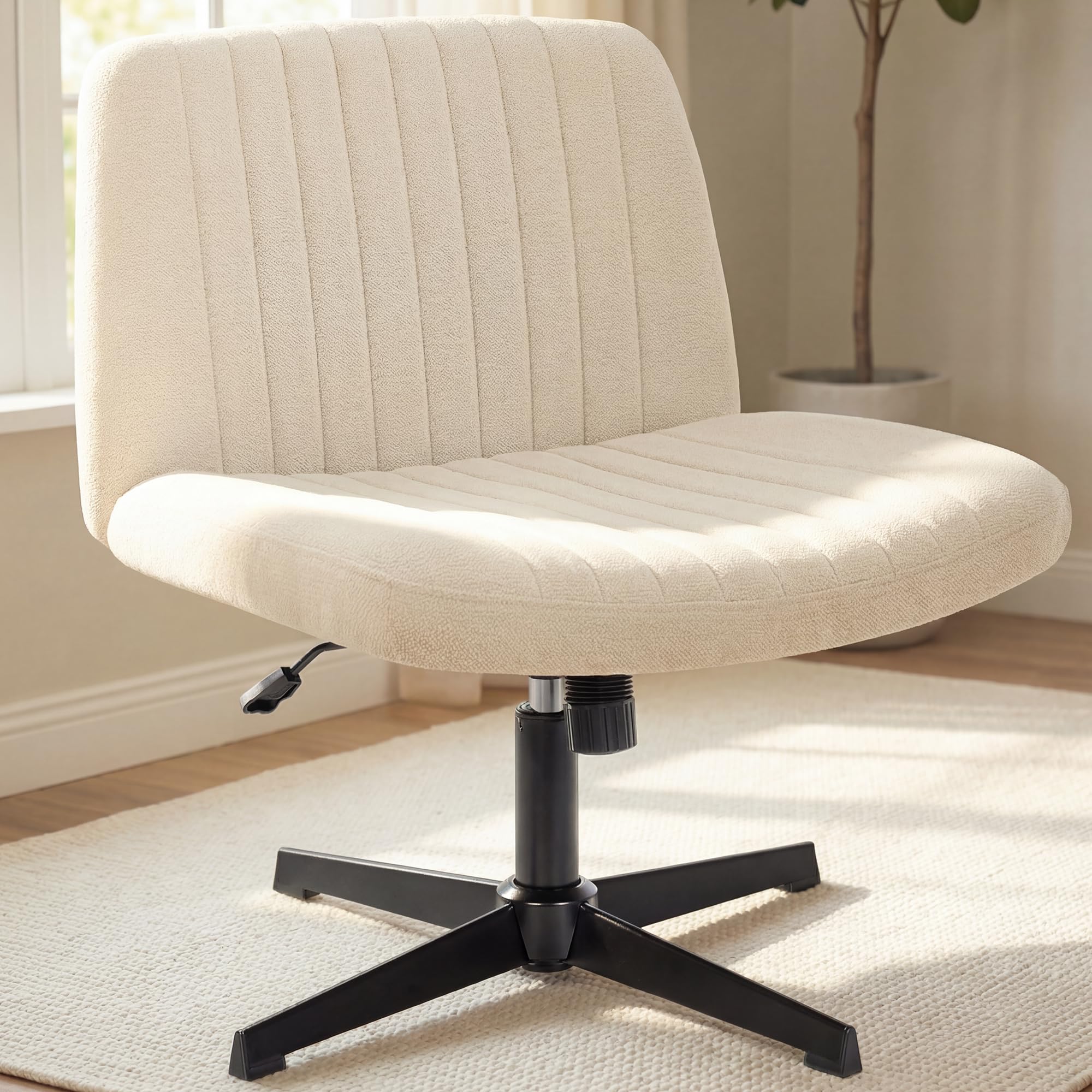 NEO CHAIR front view; beige criss-cross chair, stable, no-wheels design for small desks.