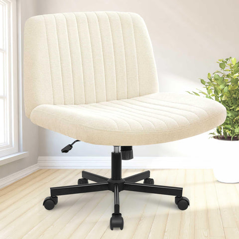 NEO CHAIR front view shows the beige criss-cross chair with wheels for easy mobility.