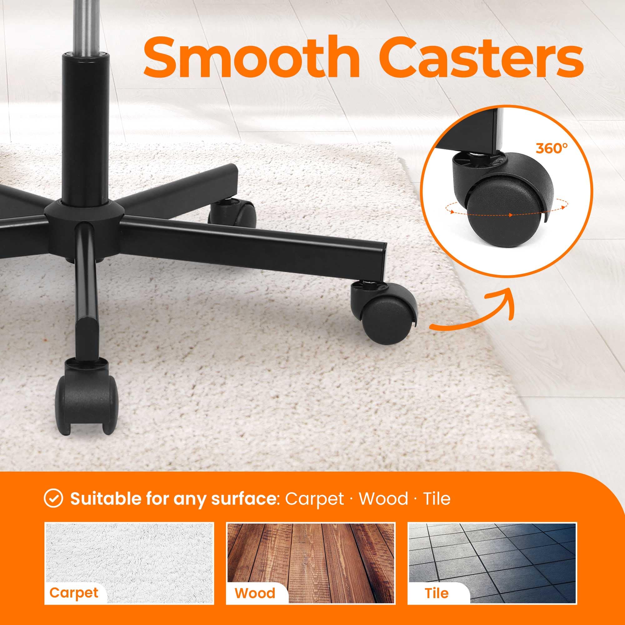 NEO CHAIR rolling casters glide smoothly on carpet for effortless movement.