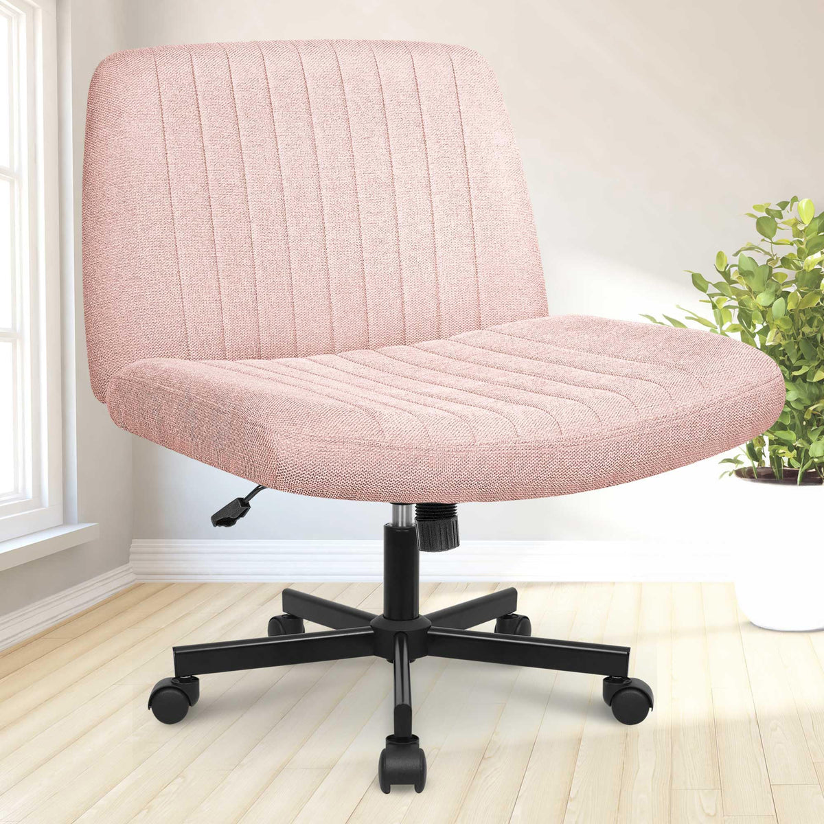 NEO CHAIR pink criss-cross chair with wheels for easy room-to-room mobility.