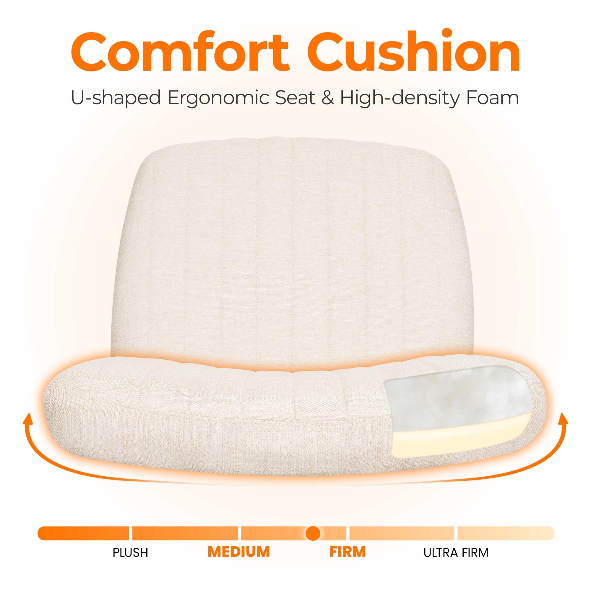 NEO CHAIR seat closeup highlights soft beige upholstery and high-density foam comfort.