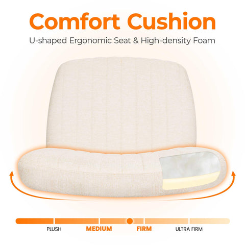 NEO CHAIR seat closeup highlights soft beige upholstery and high-density foam comfort.