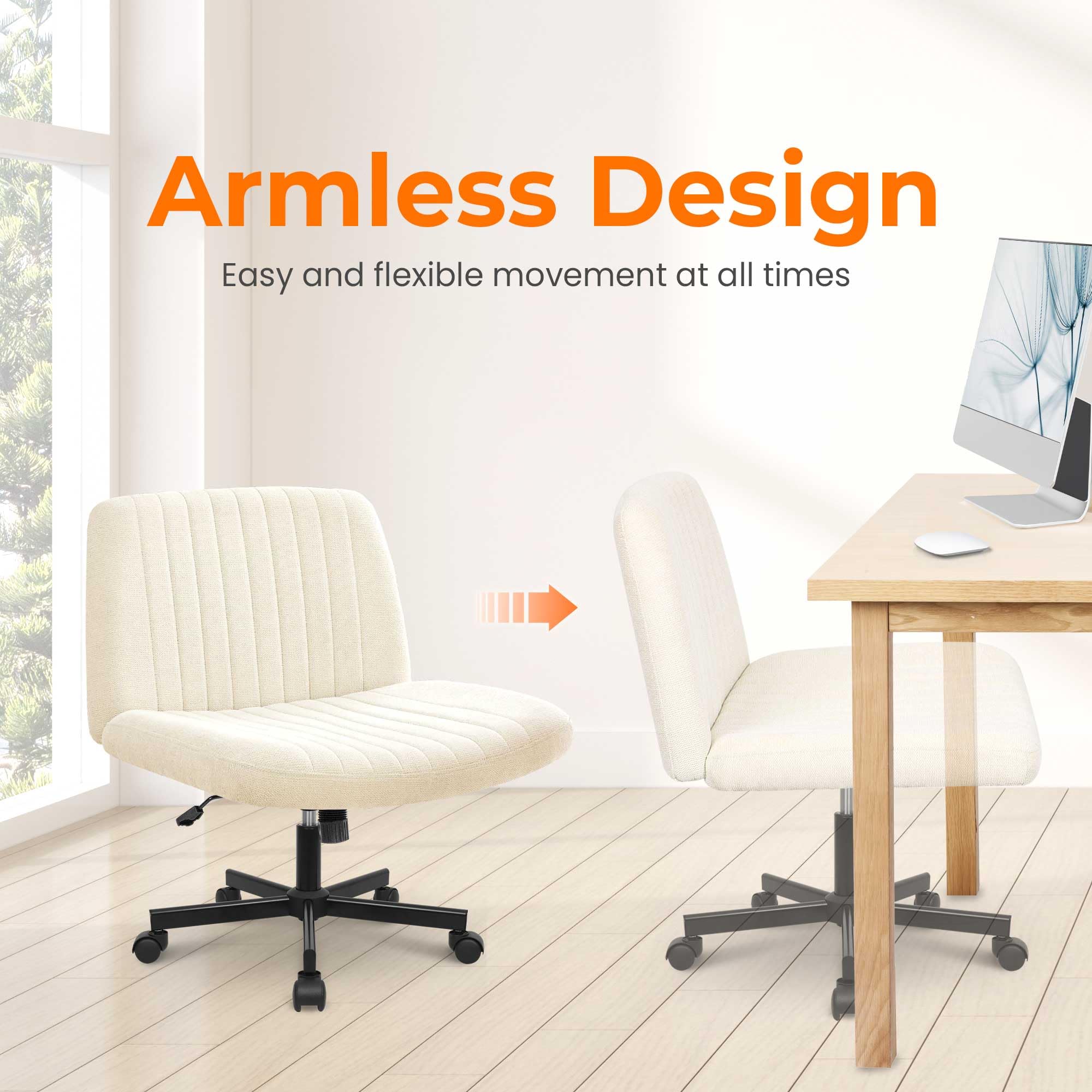 NEO CHAIR vanity setup shows the armless design at a makeup desk.