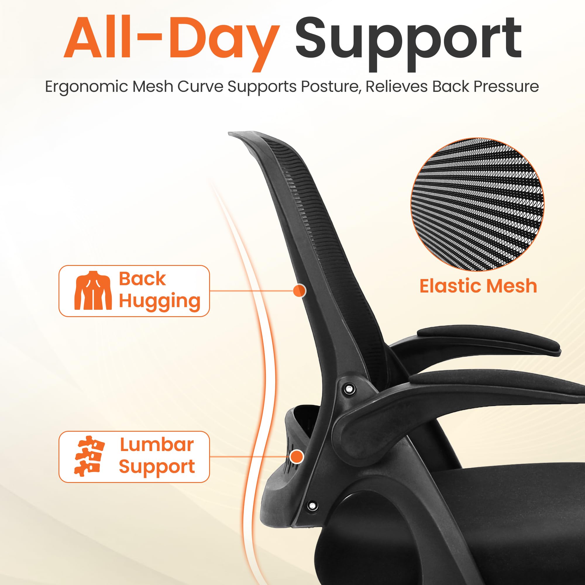 Neo Chair lumbar-support mesh maintains comfortable posture.