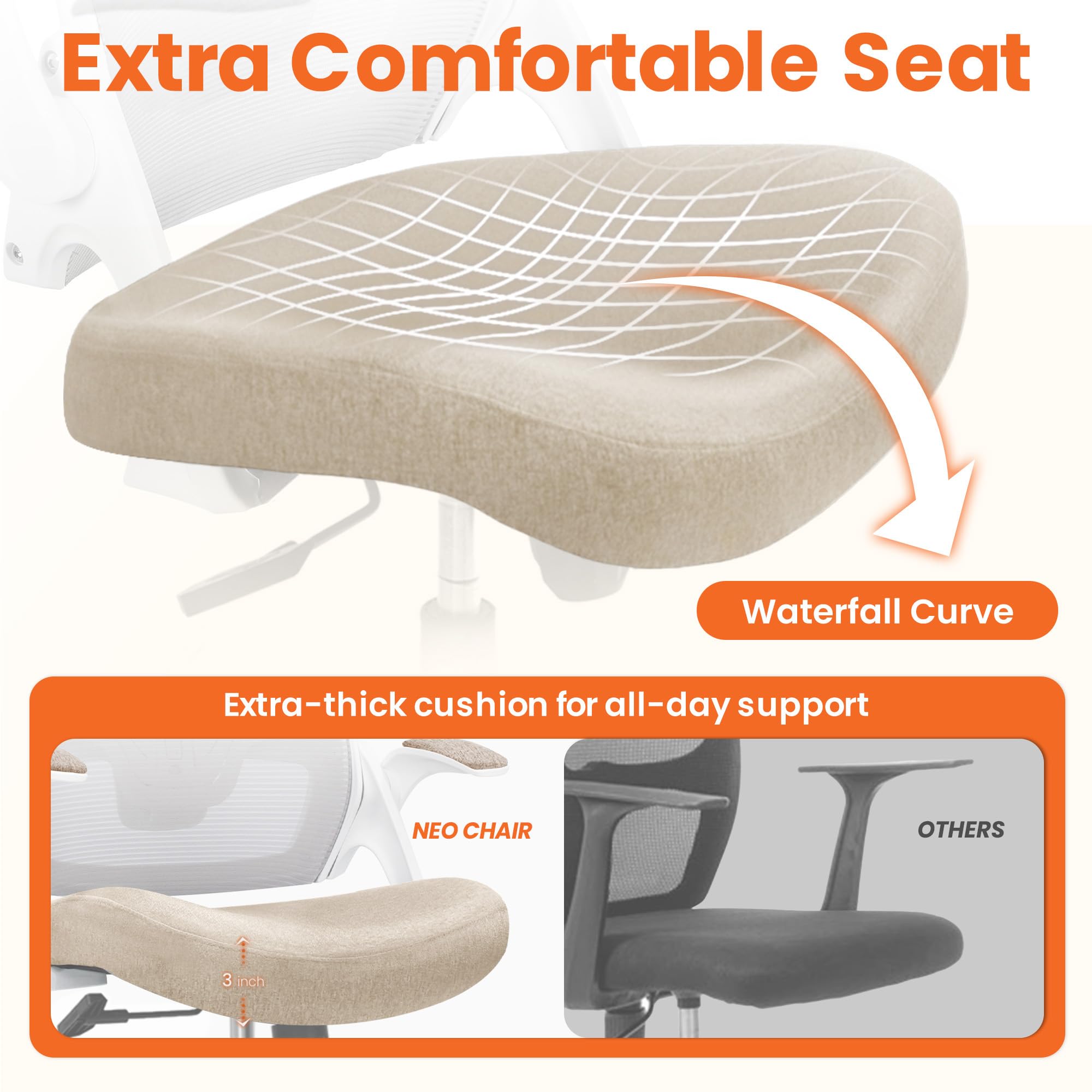 NEO CHAIR flip-up armrests enable easy under-desk storage and leg relaxation.