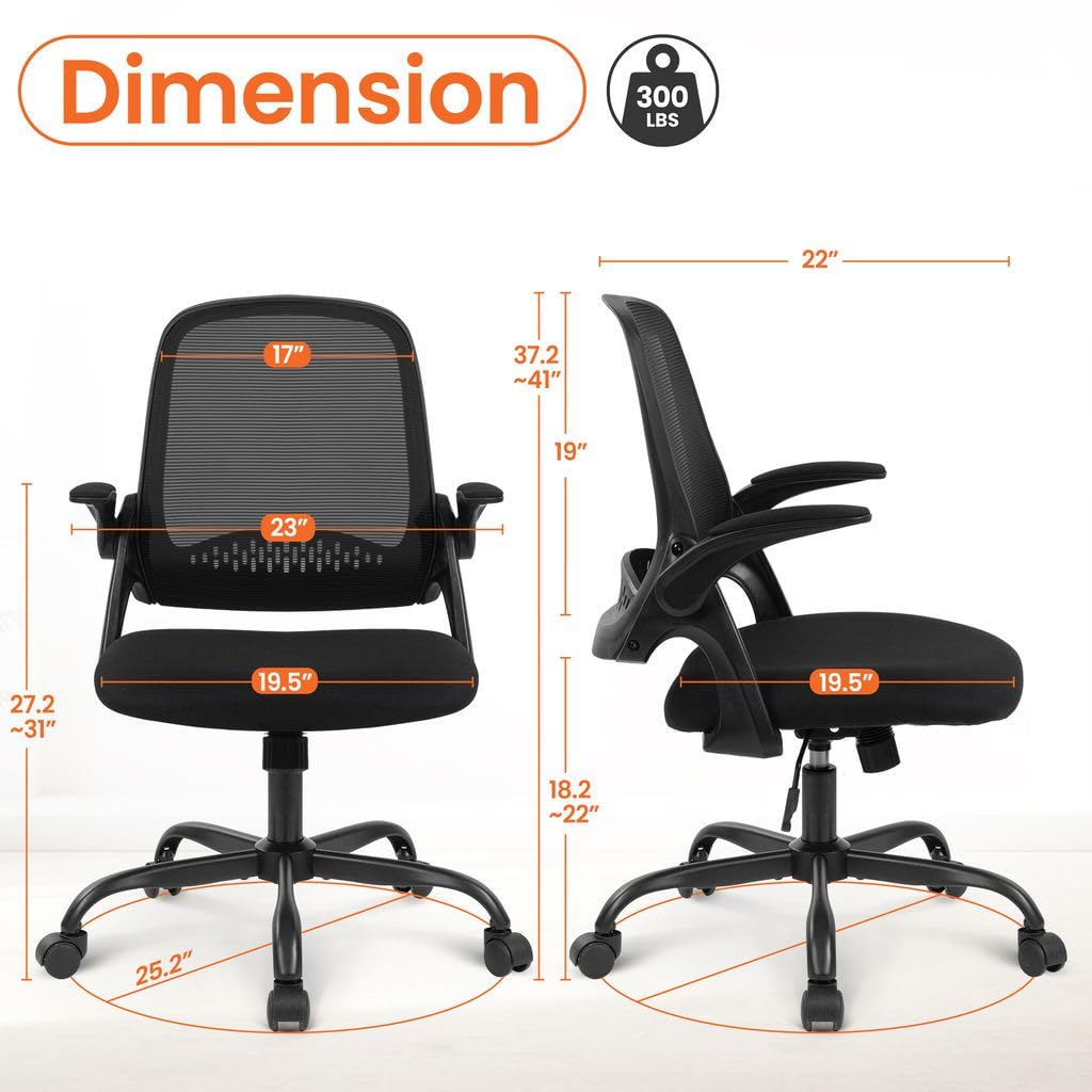 Neo Chair flip-up arms enable space-saving under desks.