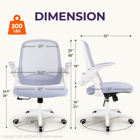NEO CHAIR flip-up arms provide space-saving comfort at a desk