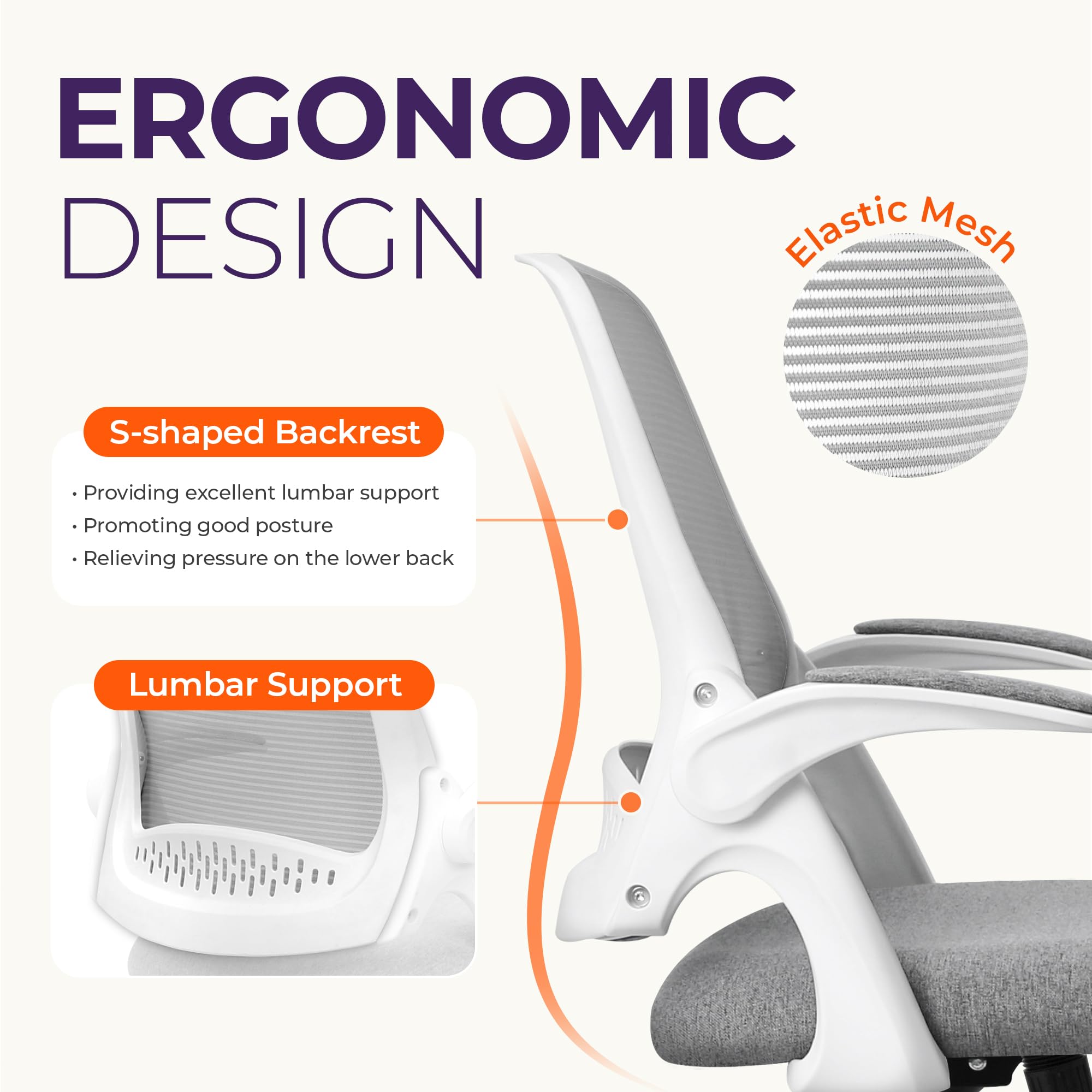 NEO CHAIR flip-up arms save desk space while providing flexible support.