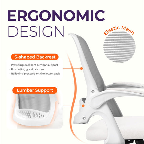 Neo Chair flip-up arms save desk space for compact setups.