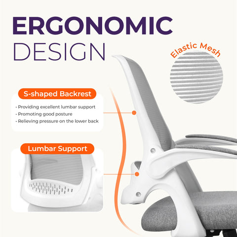 NEO CHAIR flip-up arms save desk space while providing flexible support.