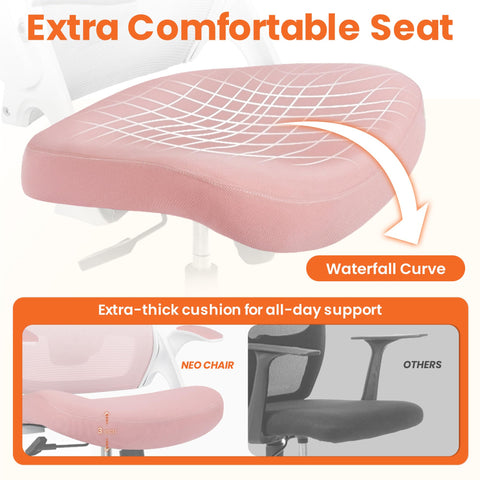 NEO CHAIR pink flip-up-armrests simplify tucking under desks