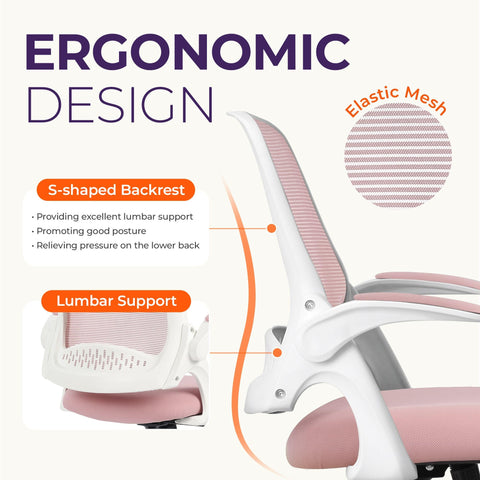 NEO CHAIR pink flip-up arms save space under tight desks