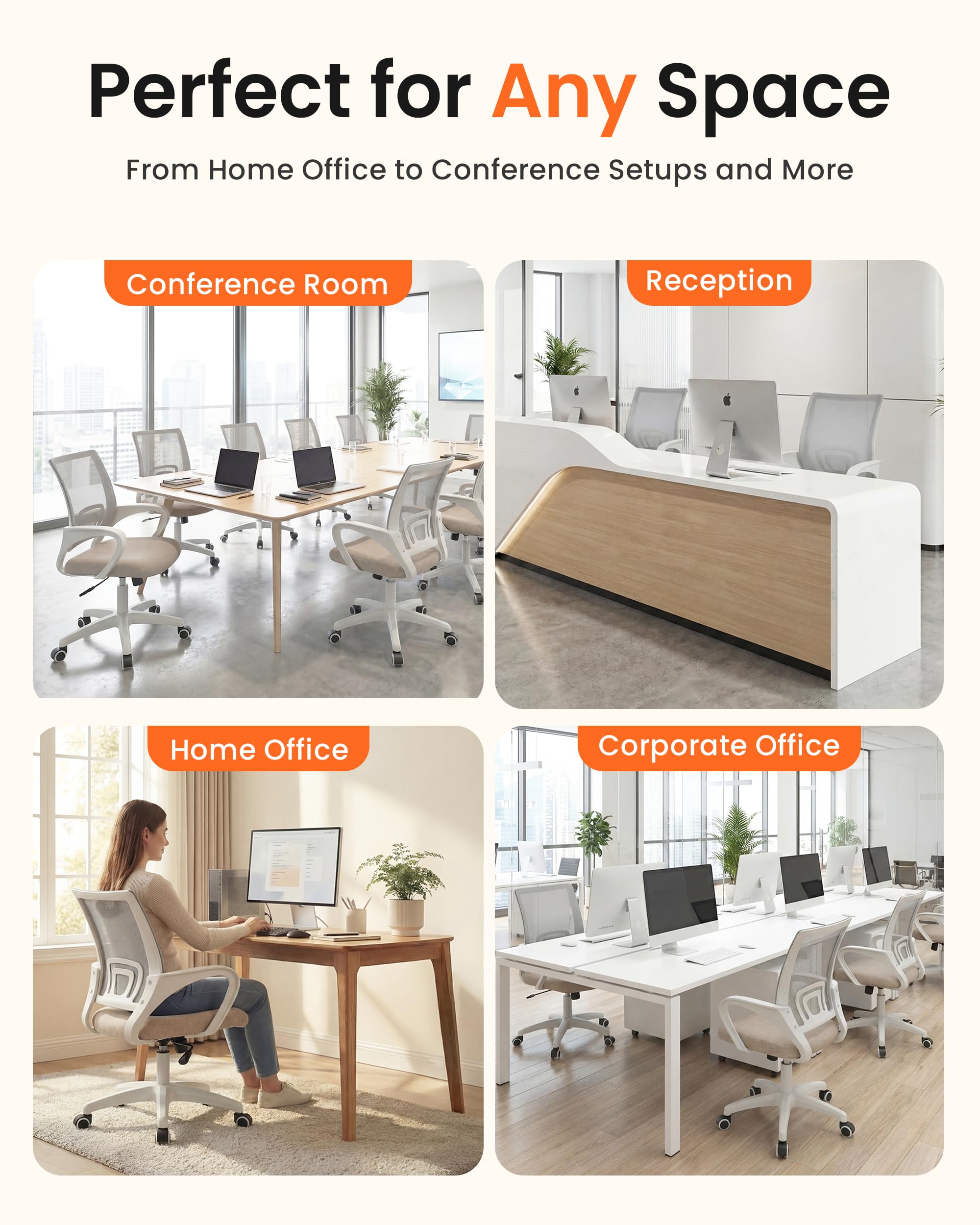 NEO CHAIR smooth rolling wheels for easy repositioning.