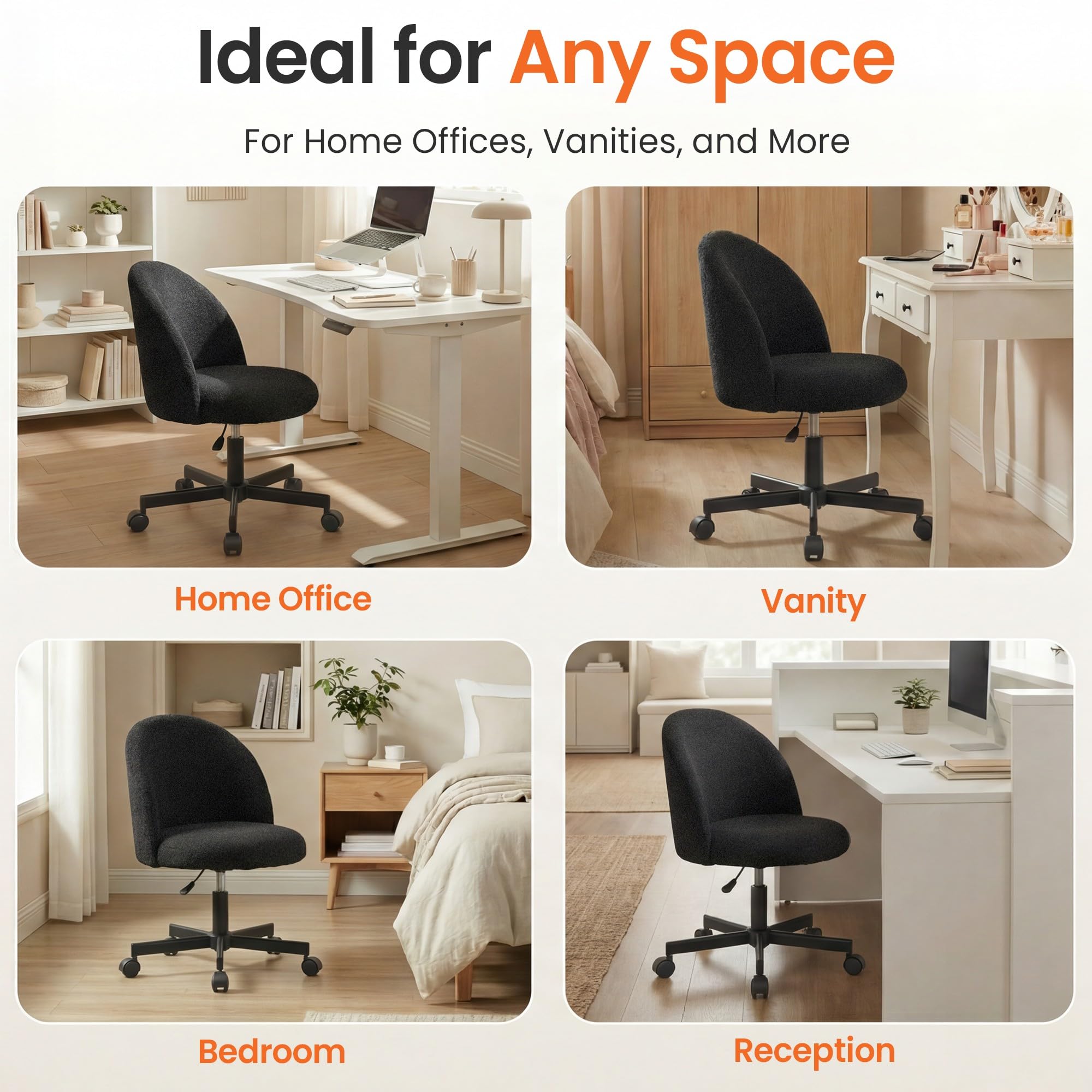 NEO CHAIR space-saving design fits small desks and vanities.