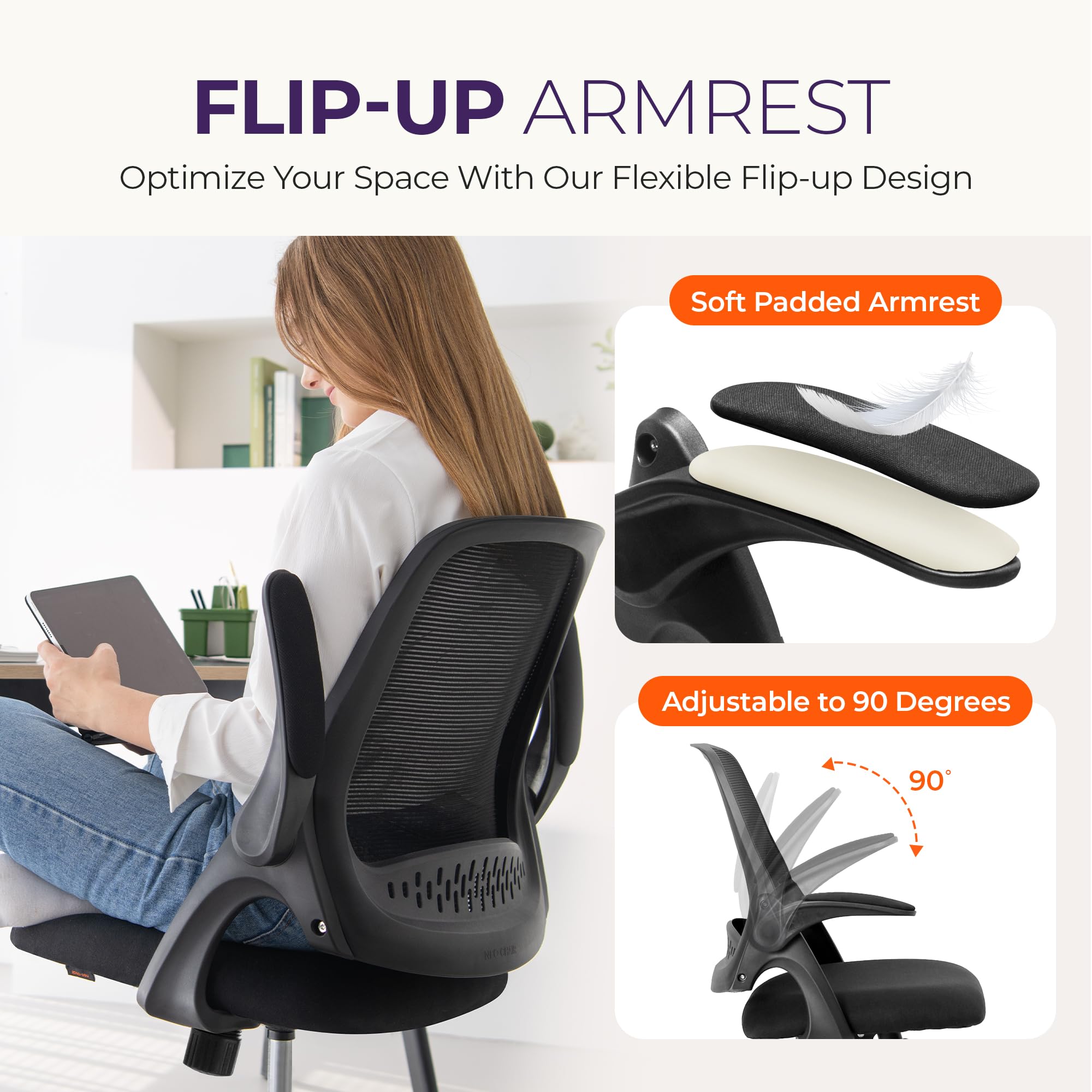 NEO CHAIR tilt tension and 360° swivel support smooth movement.