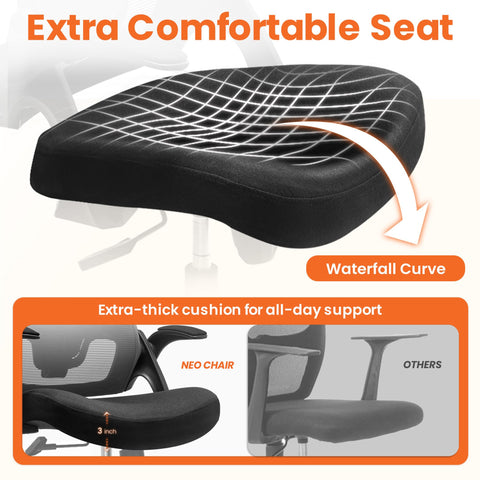 NEO CHAIR waterfall-seat design reduces thigh pressure during extended use