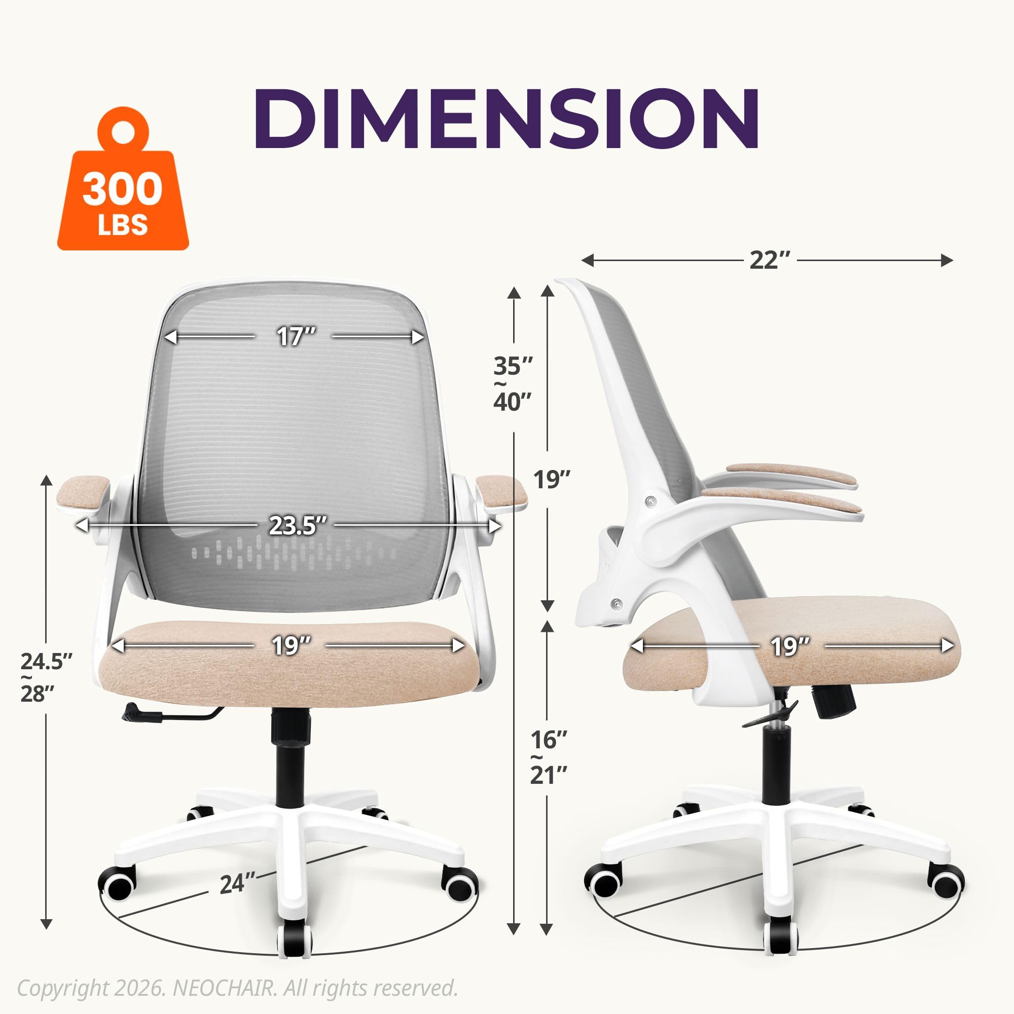 NEO CHAIR flip-up arms save space under desks.