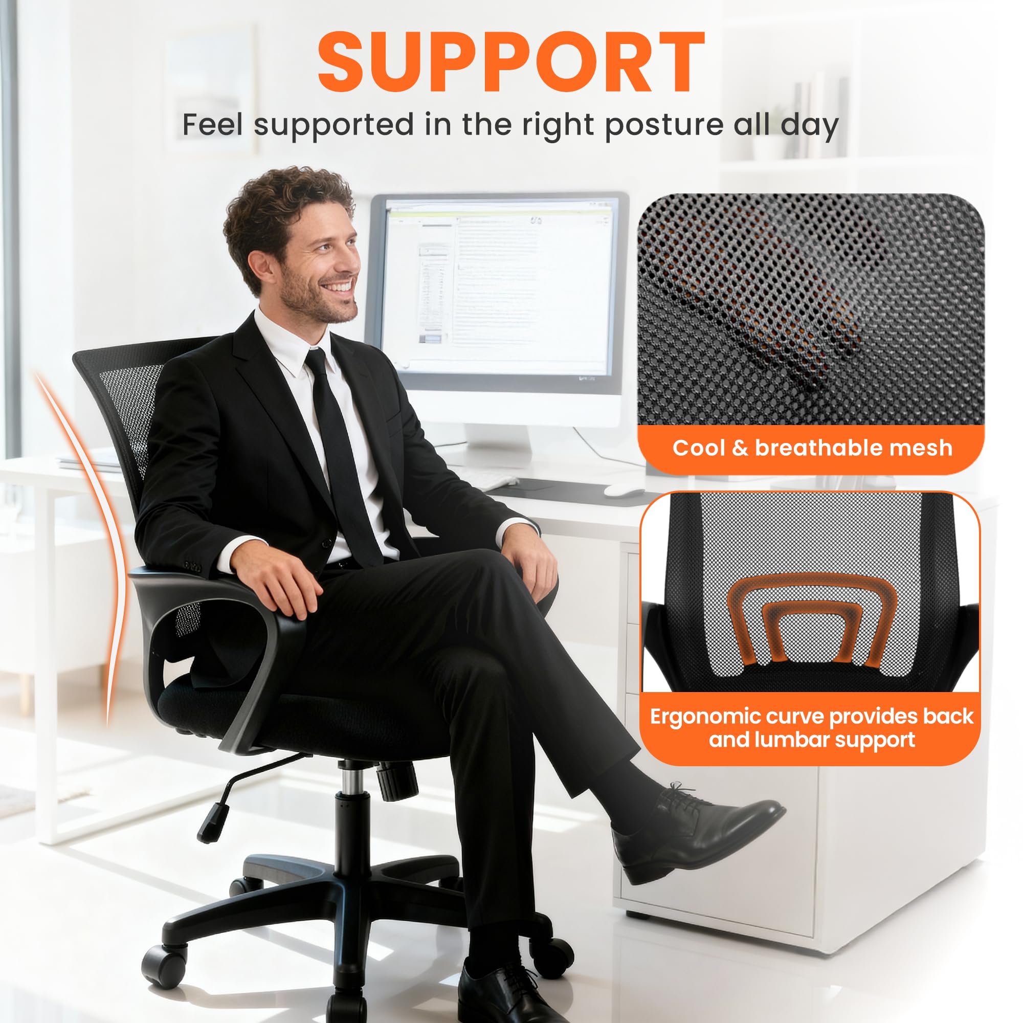 NEO CHAIR integrated lumbar support helps posture during long tasks