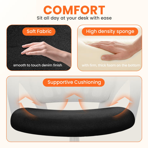 NEO CHAIR thick seat cushion provides plush comfort for extended study