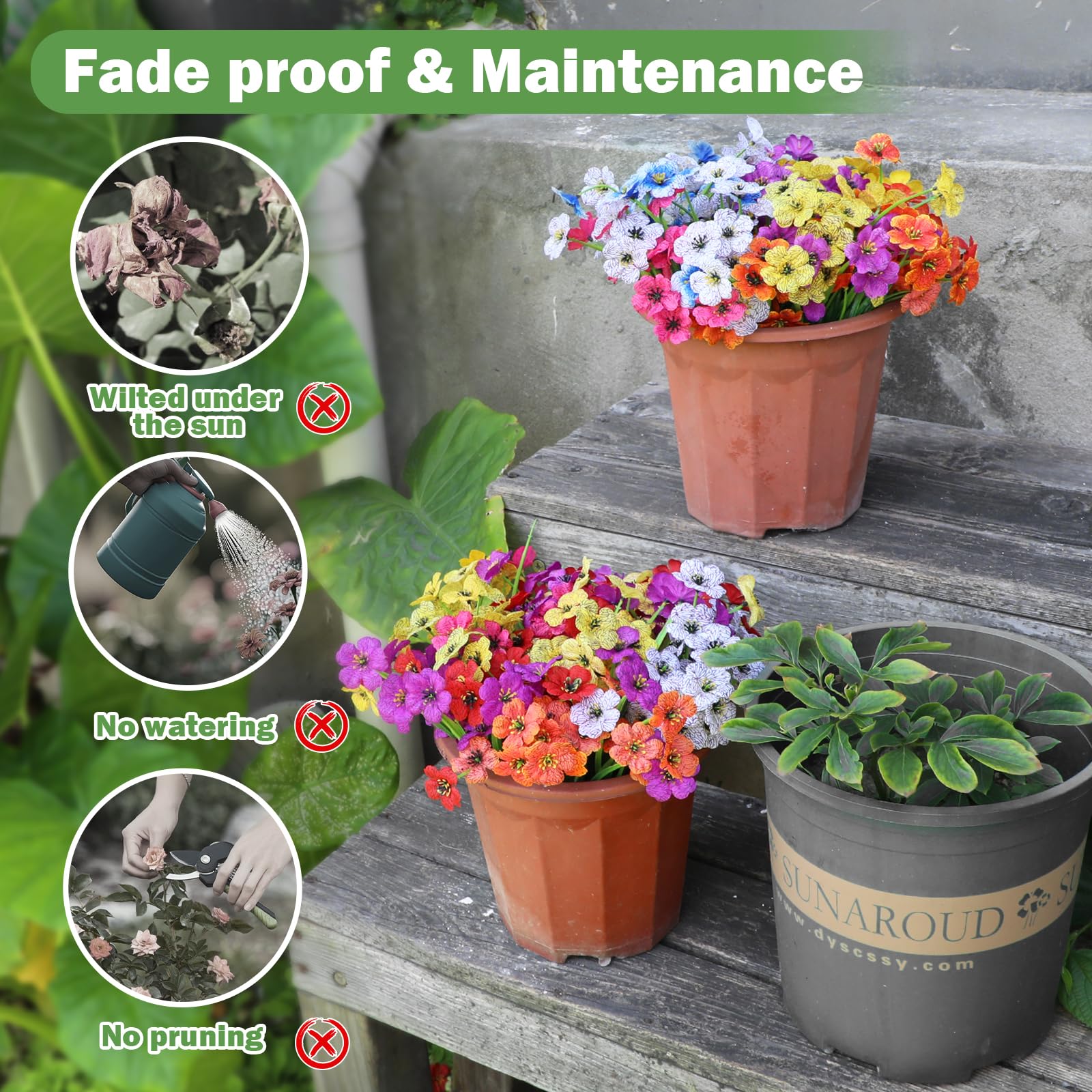 Nepfaivy faux flowers brighten porches and outdoor entryways.