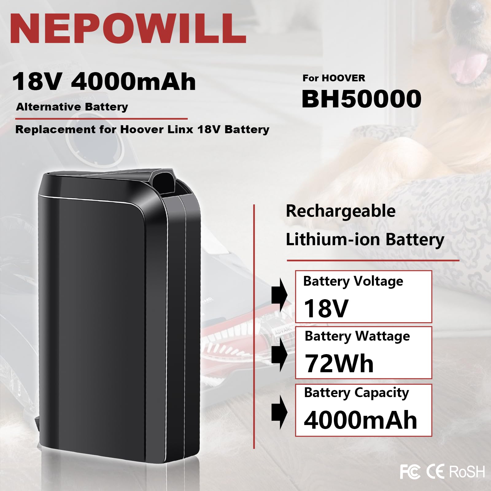 NEPOWILL Hoover Linx battery side view showing slim profile for easy replacement.